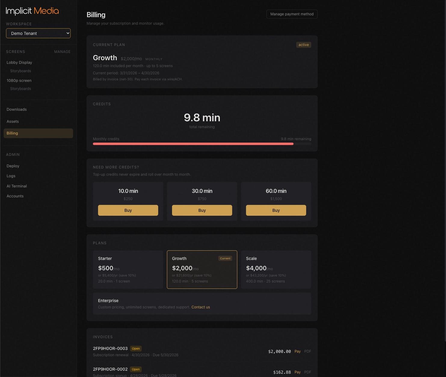 Billing dashboard showing current plan, minute balance, top-up packs, plan options, and invoices