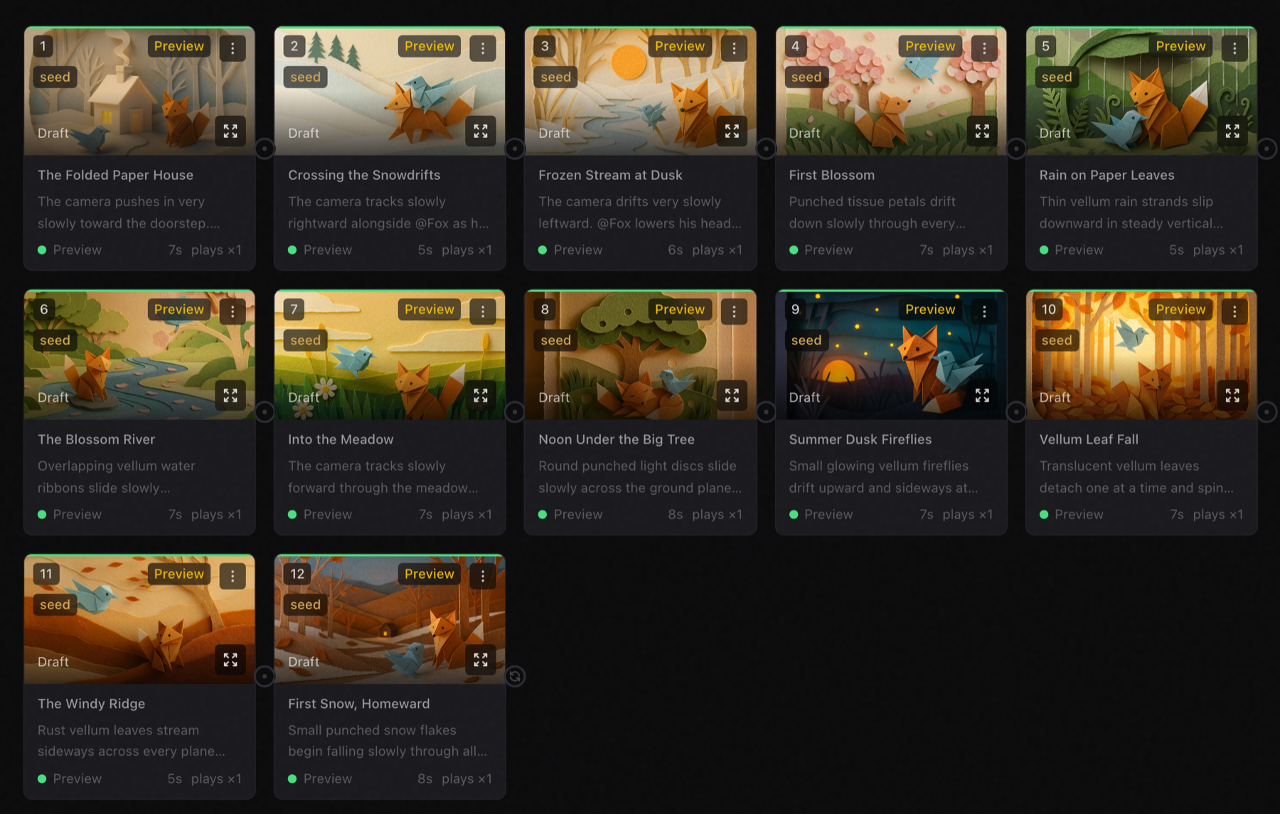 A storyboard's scenes in a row, with the finished video above